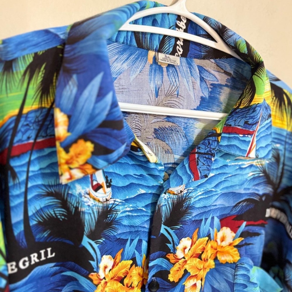 Jamaican Tropical Palm Tree Print Button-Up Beach Shirt – Plus Size 3X GUC - Picture 5 of 8